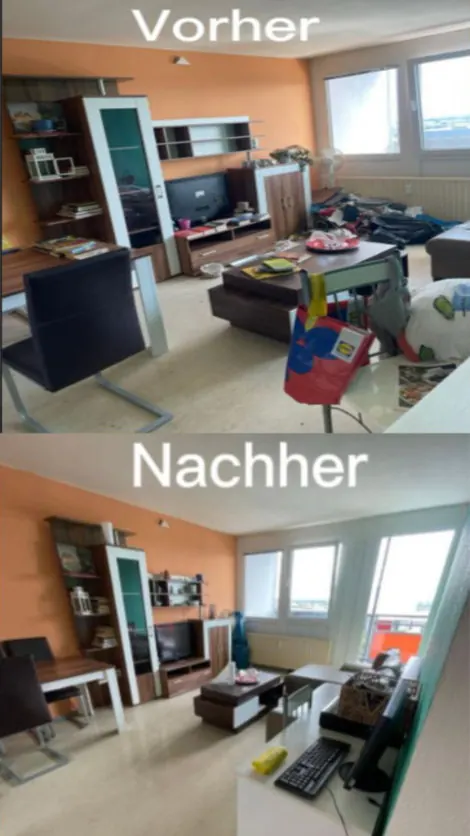 Vorher-Nachher: Wohnzimmer vor und nach der Entrümpelung durch Entrümpelungservice24